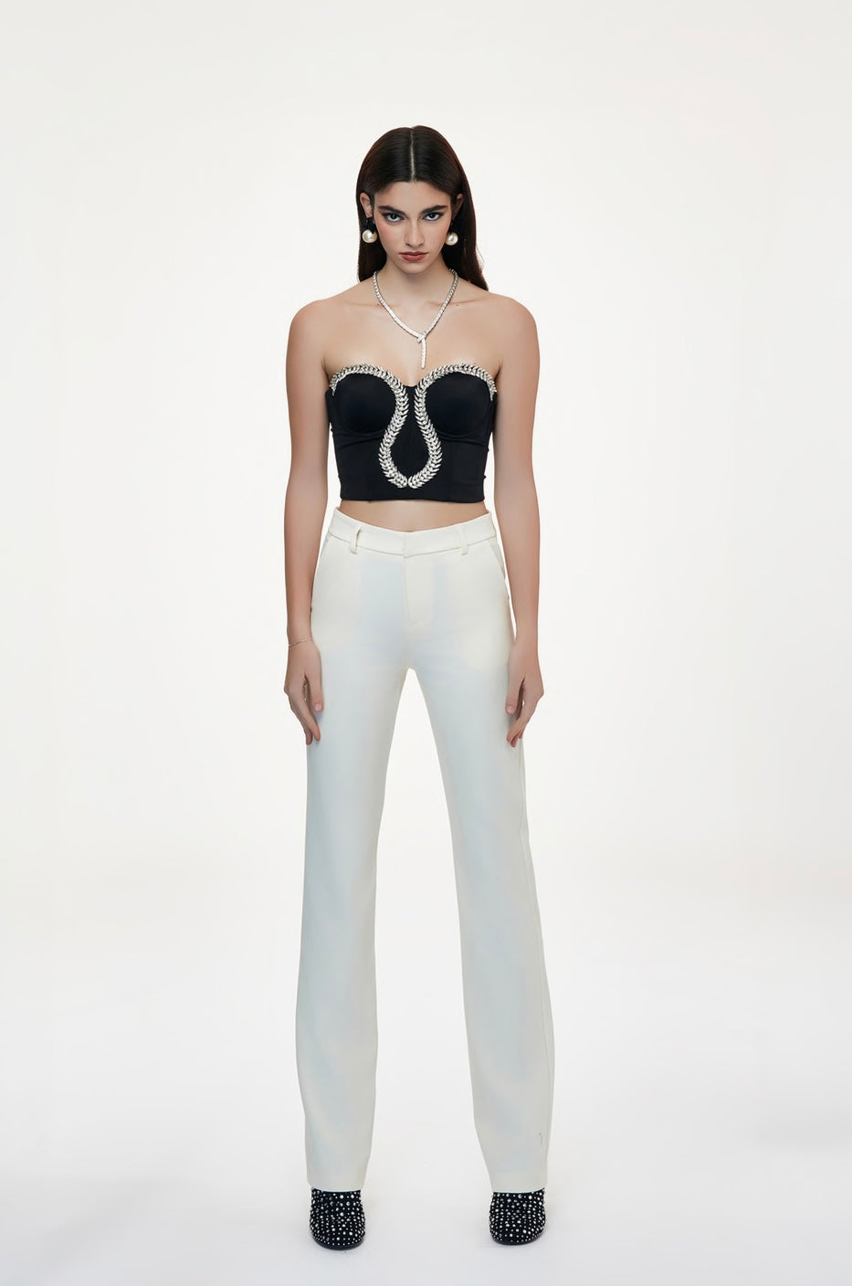 Top bustier nero donna elegante – Crop top con dettagli gioiello