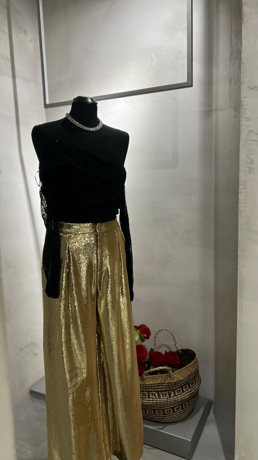 Pantaloni dorati da donna – Pantaloni palazzo eleganti con paillettes oro