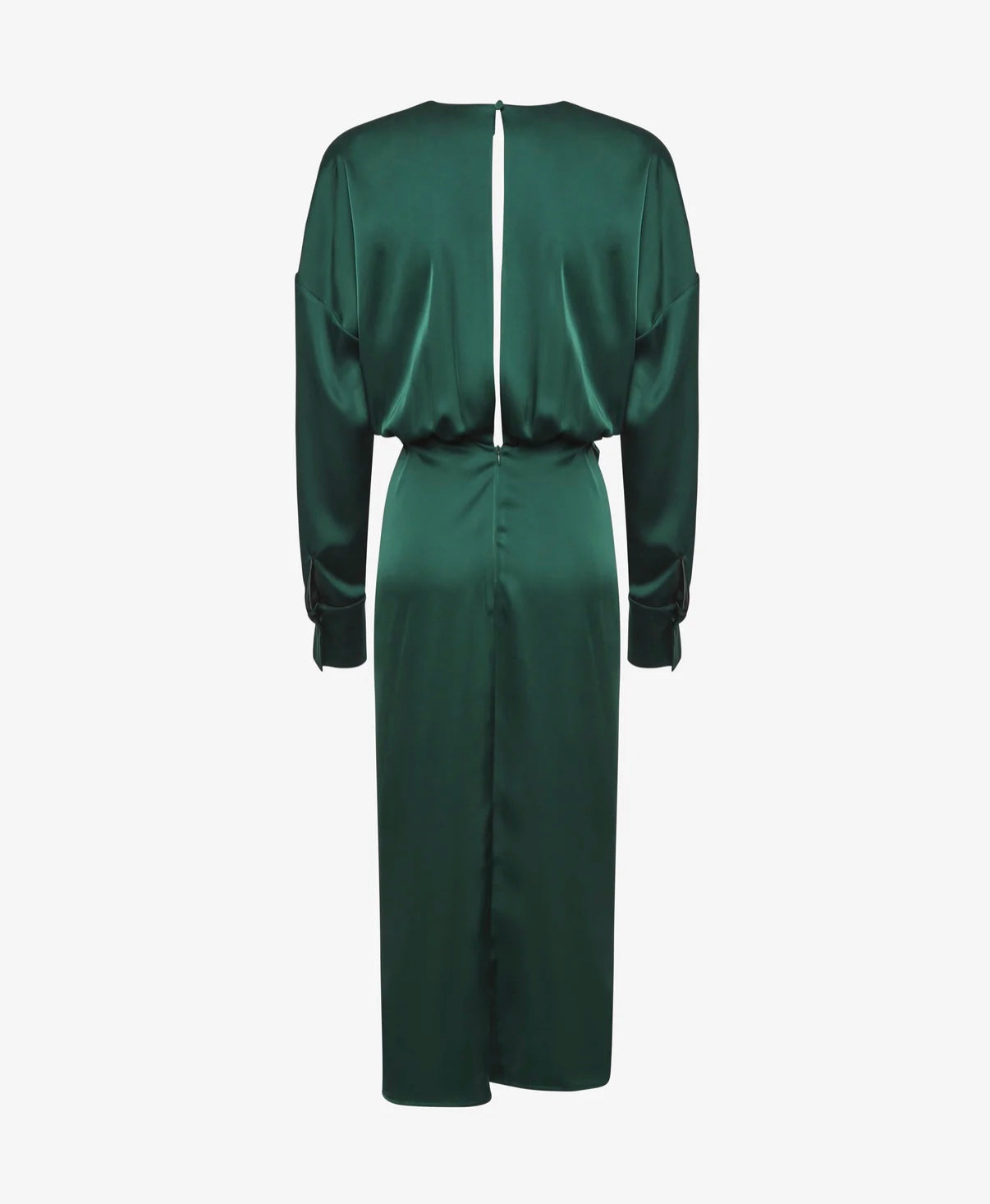 Abito verde smeraldo elegante satinato – Vestito midi con spacco e drappeggio