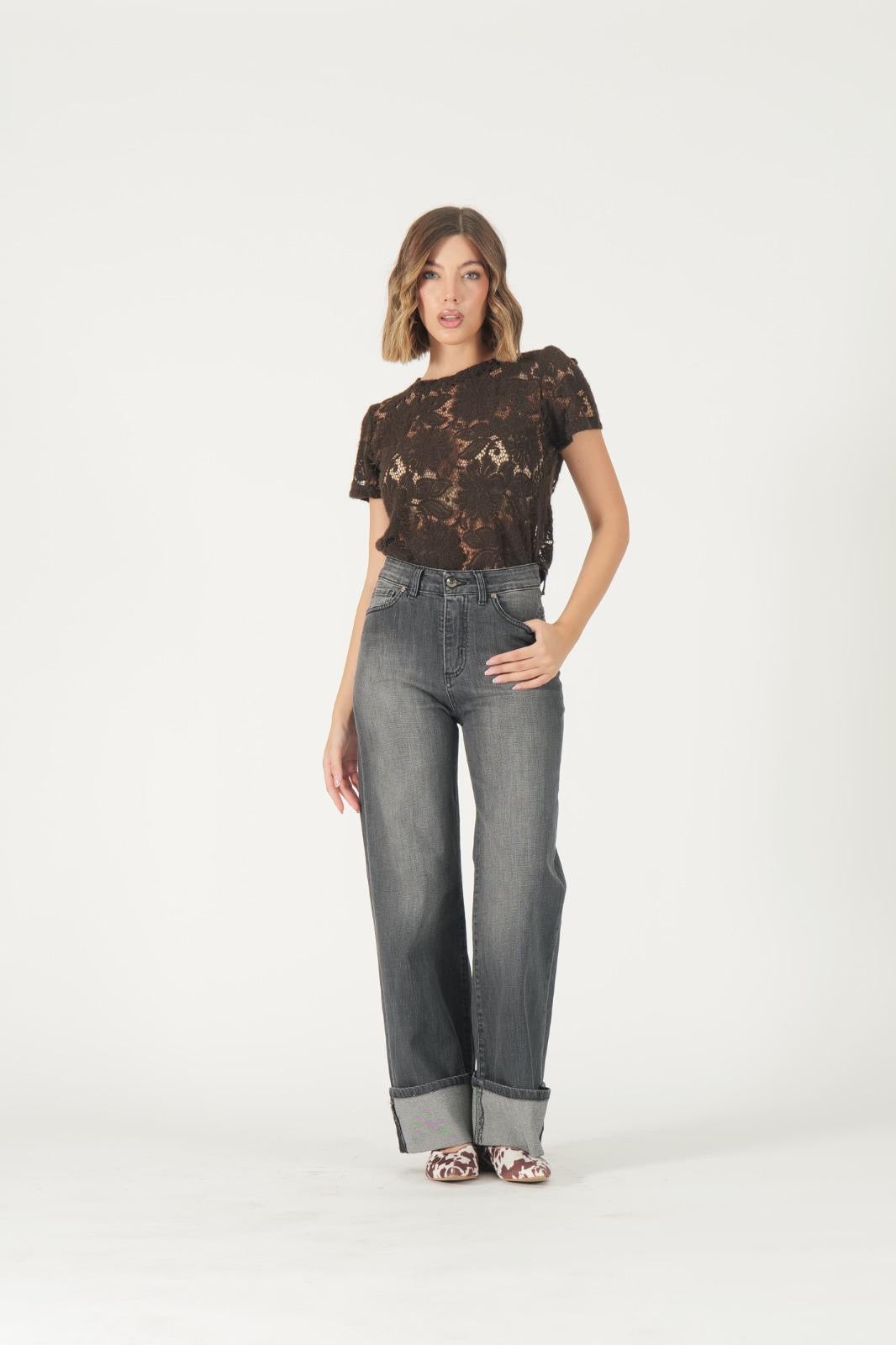 T-shirt in pizzo nero trasparente – Maglia elegante a maniche corte donna