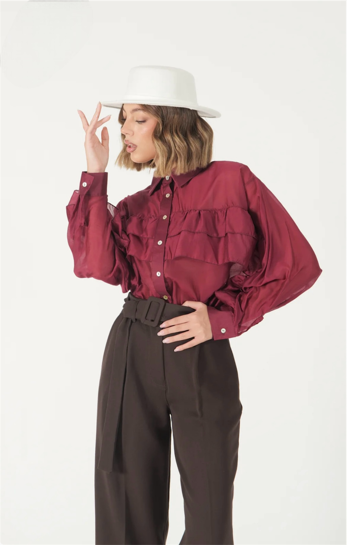 Camicia bordeaux donna elegante – Blusa in seta con rouches