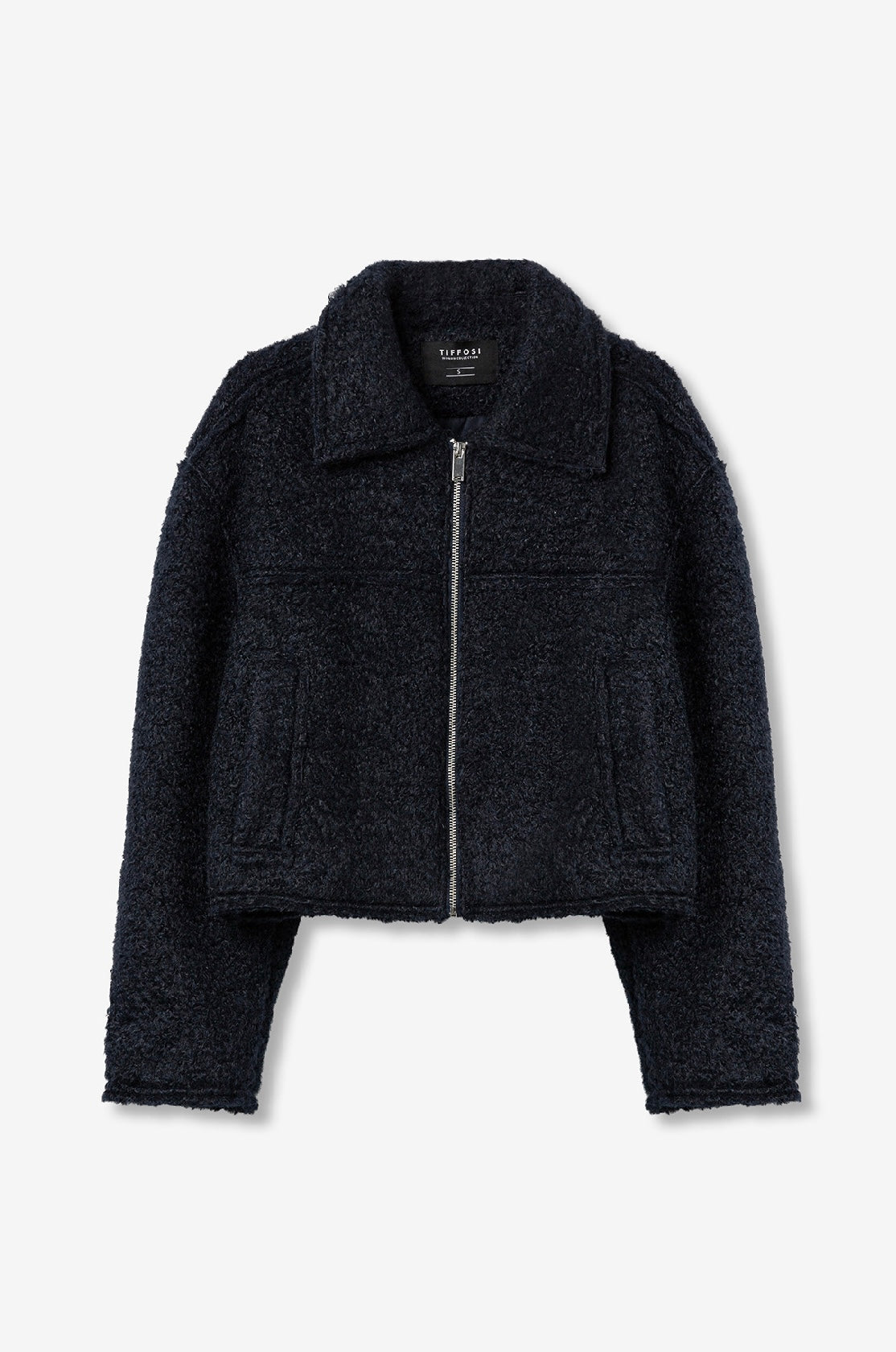 Bomber donna in lana bouclé blu scuro con zip
