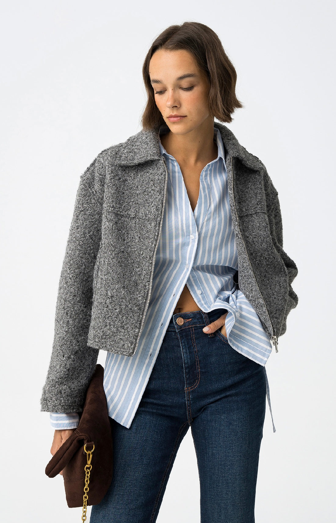 Bomber donna in lana bouclé blu scuro con zip