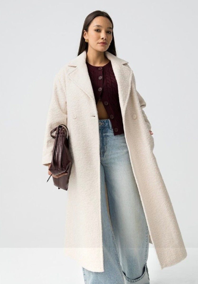Cappotto lungo panna – Cappotto donna elegante in lana bouclé con revers