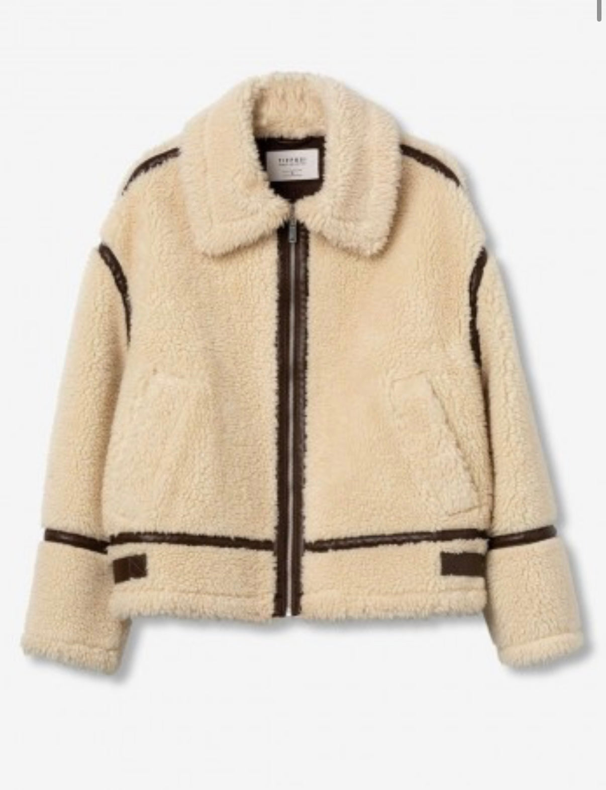 Giacca shearling donna beige con dettagli in pelle – Giubbotto teddy inverno