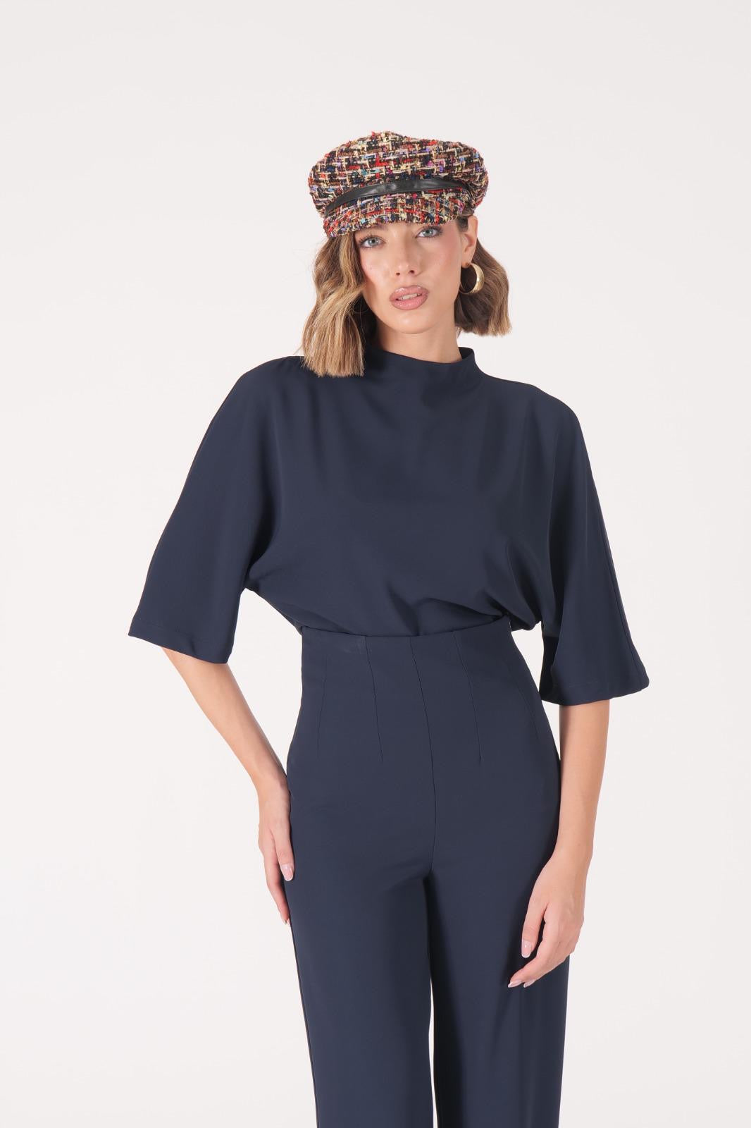 Coordinato donna blu elegante – Maglia a maniche ampie e pantaloni palazzo