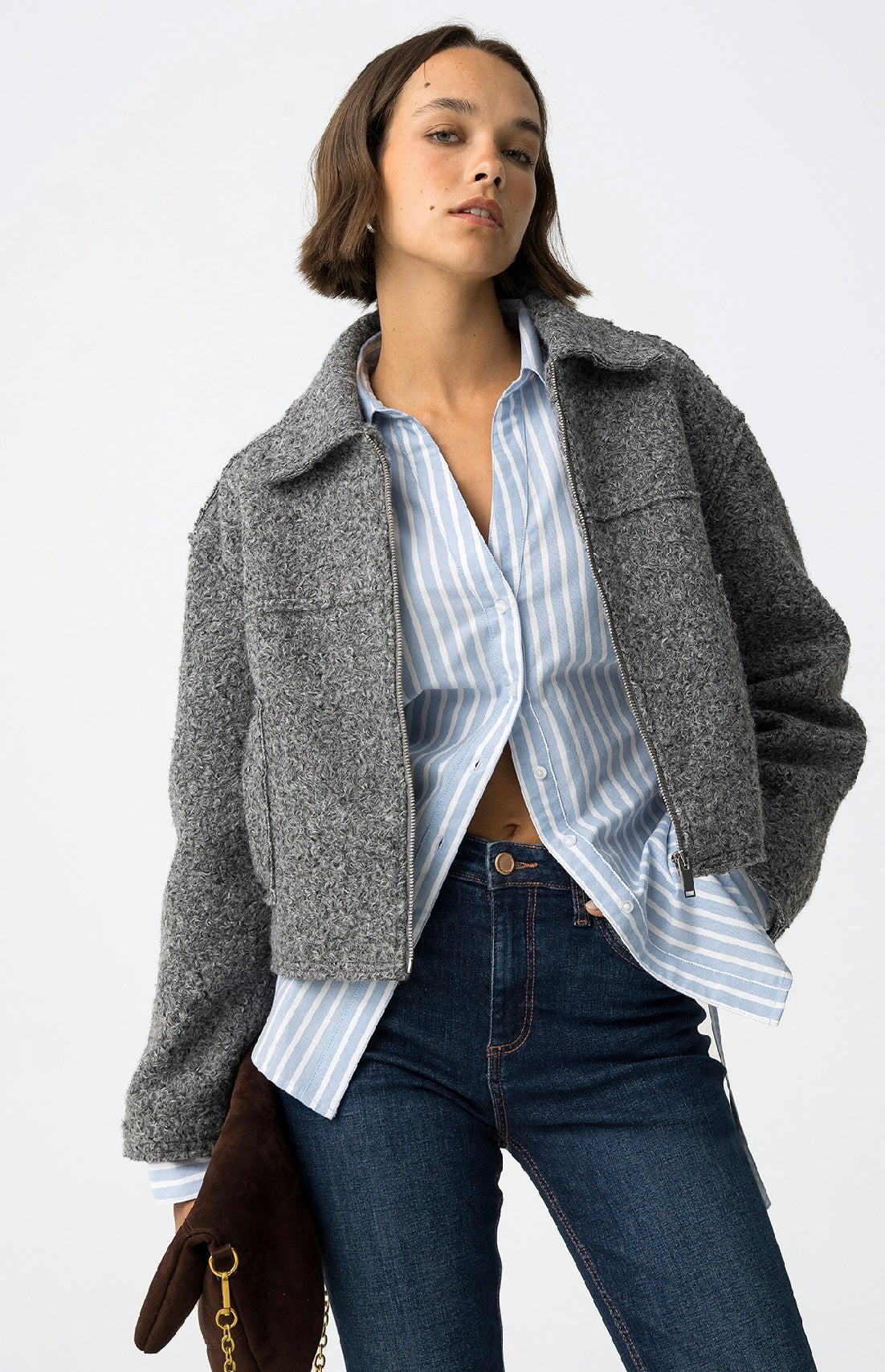 Bomber donna in lana bouclé blu scuro con zip
