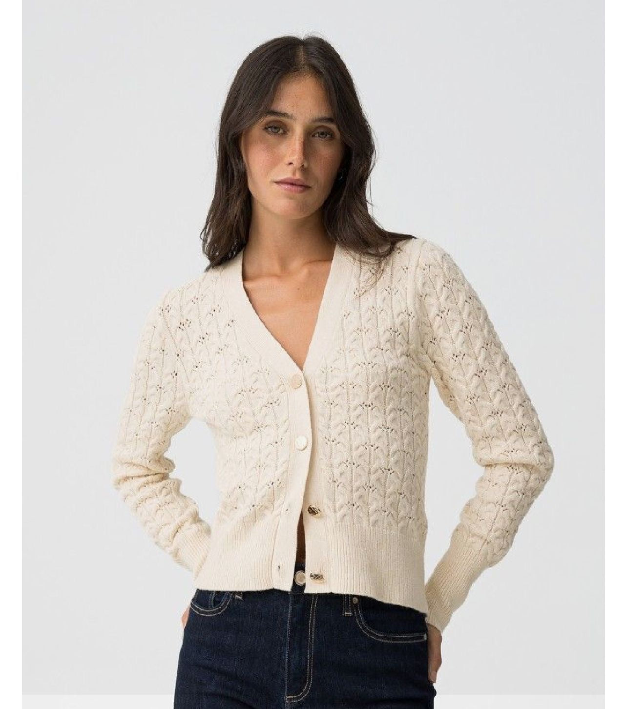 Cardigan panna lavorato a maglia – Maglione donna con bottoni e scollo a V