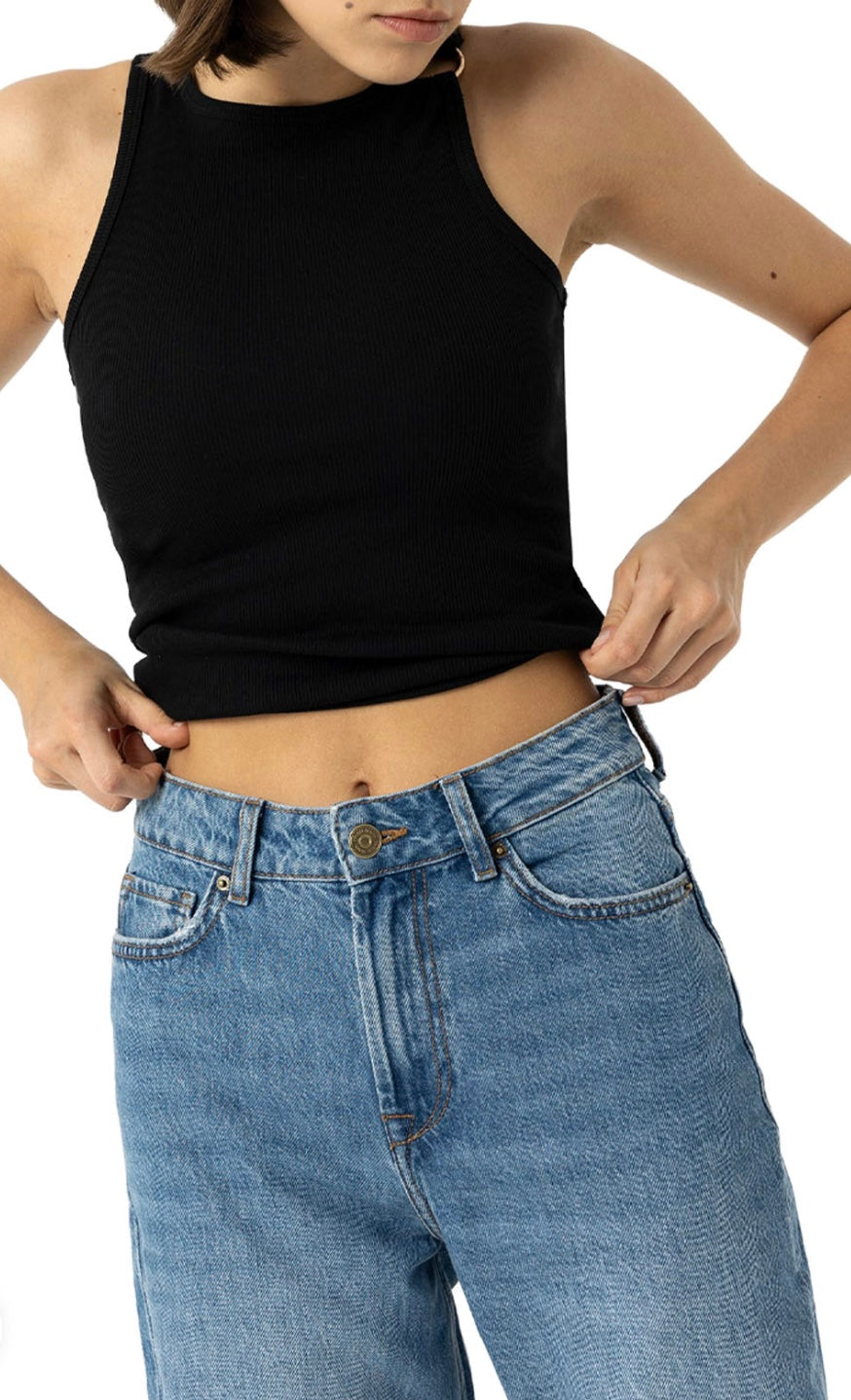 Jeans a gamba larga a vita alta da donna in denim blu