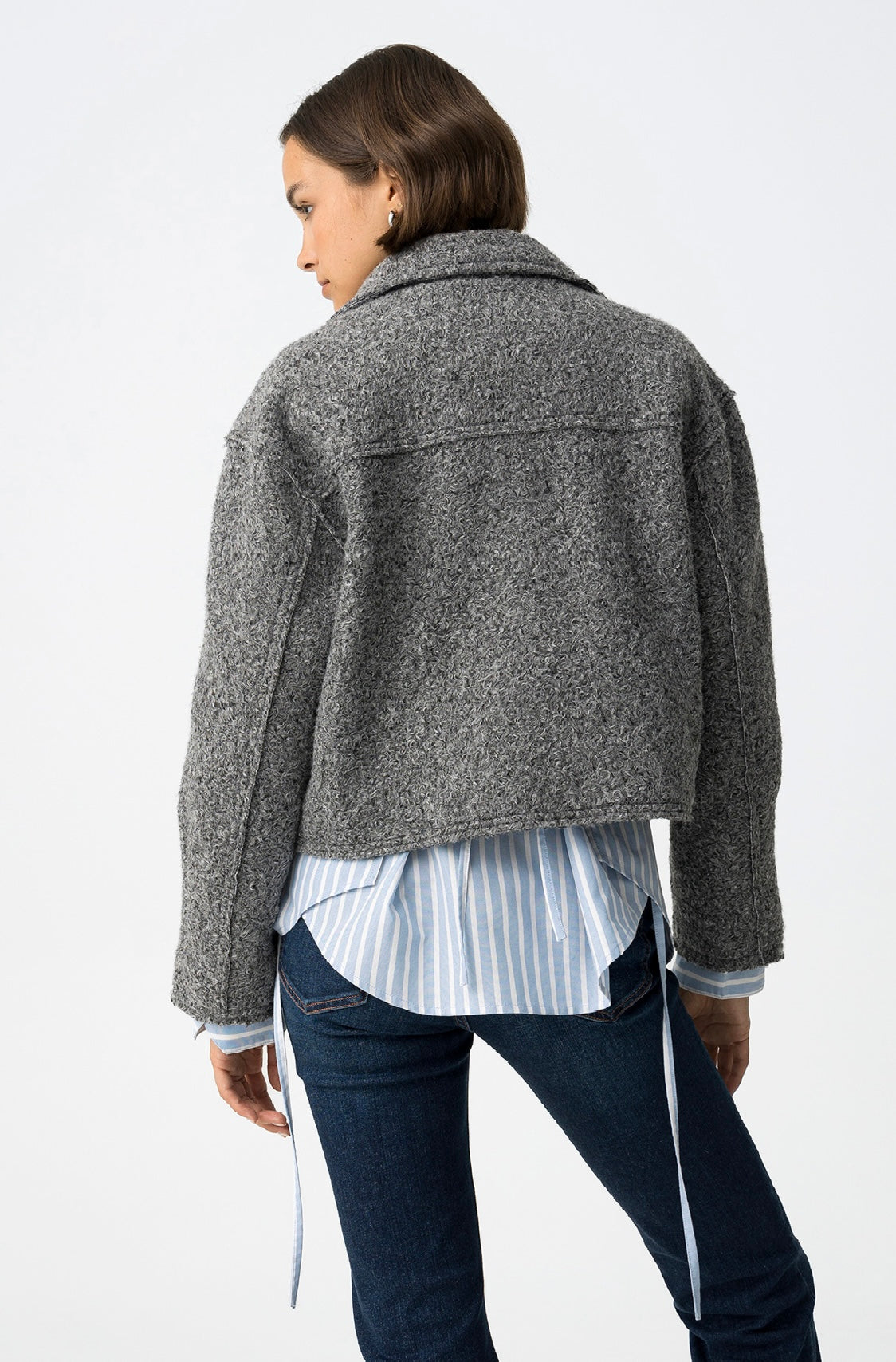 Bomber donna in lana bouclé blu scuro con zip