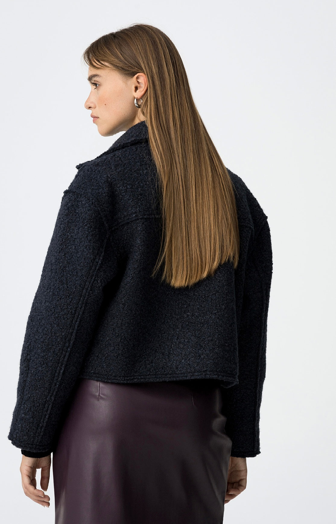 Bomber donna in lana bouclé blu scuro con zip