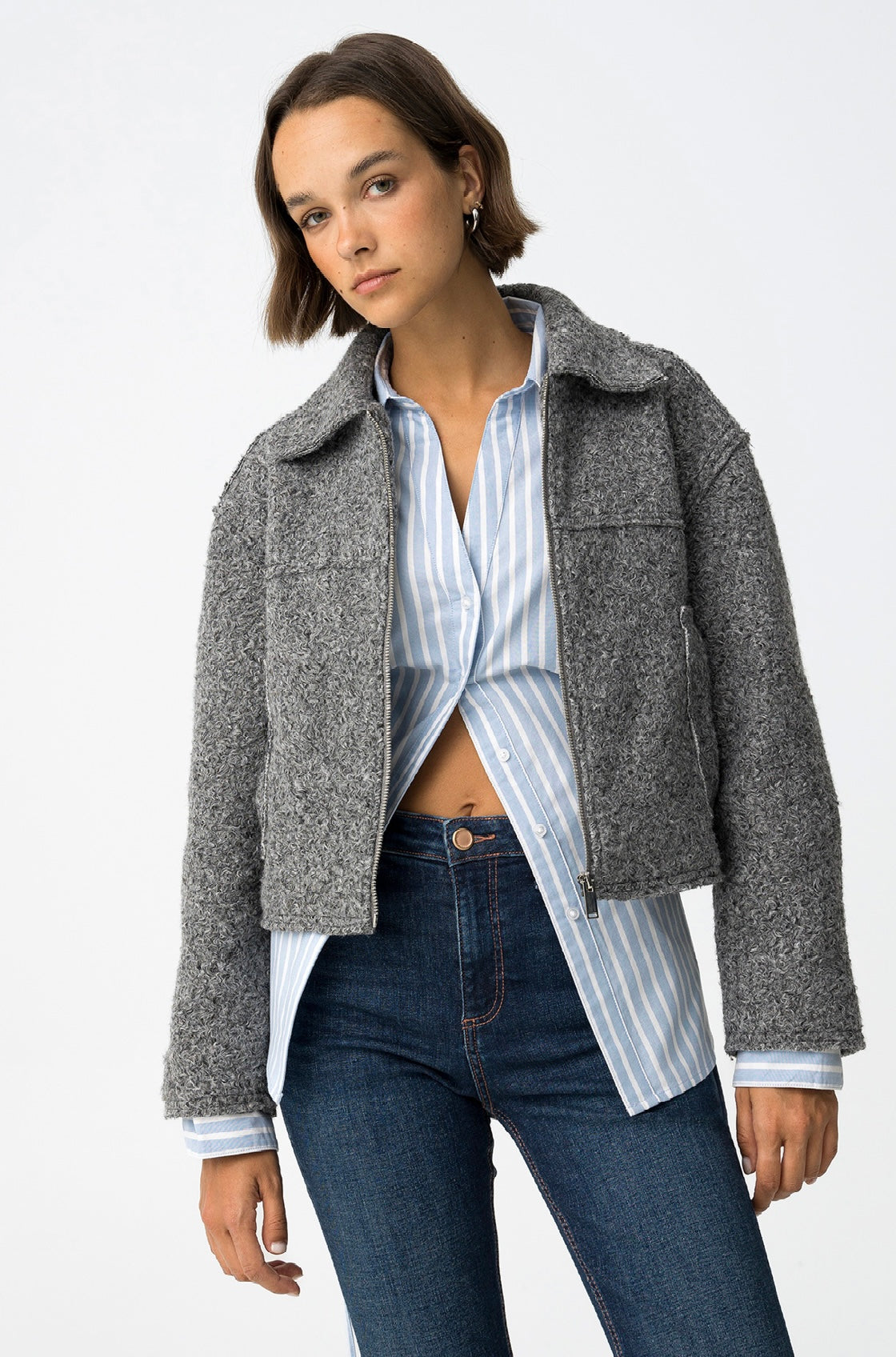 Bomber donna in lana bouclé blu scuro con zip