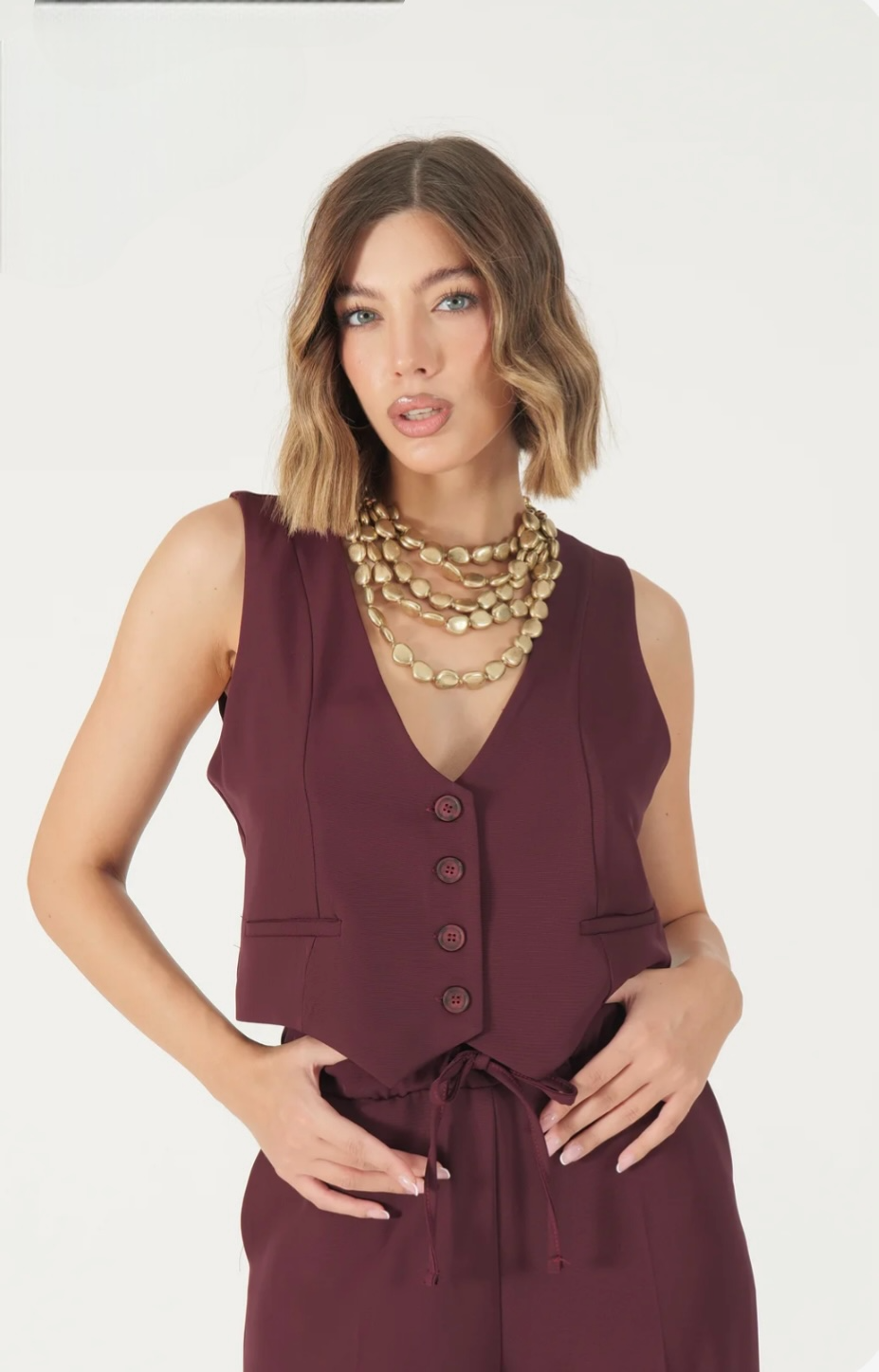Coordinato donna elegante bordeaux – Pantaloni a palazzo e gilet