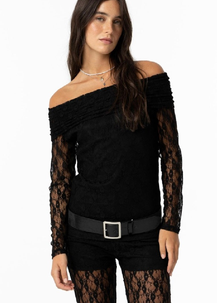 Top in pizzo nero elegante a spalle scoperte – Maglia donna sexy con maniche lunghe in pizzo