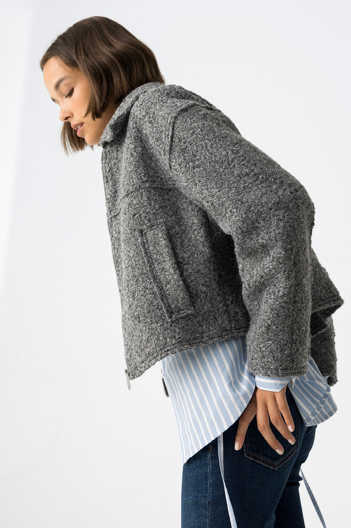 Bomber donna in lana bouclé blu scuro con zip