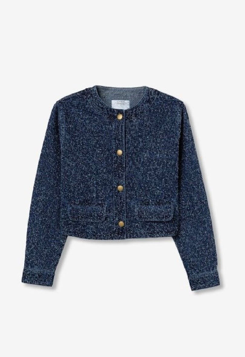Coordinato donna giacca e minigonna blu – completo elegante in bouclé