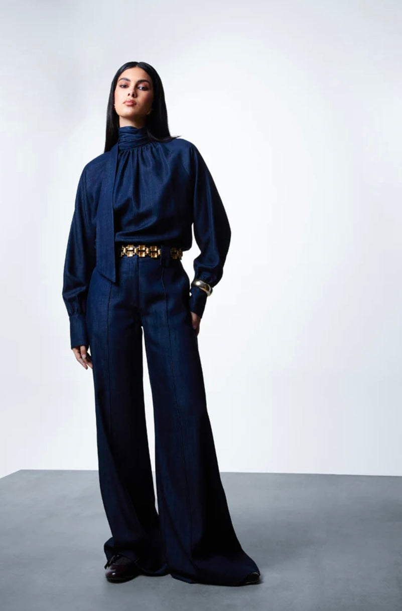 Completo elegante donna blu navy – Blusa con fiocco e pantaloni palazzo