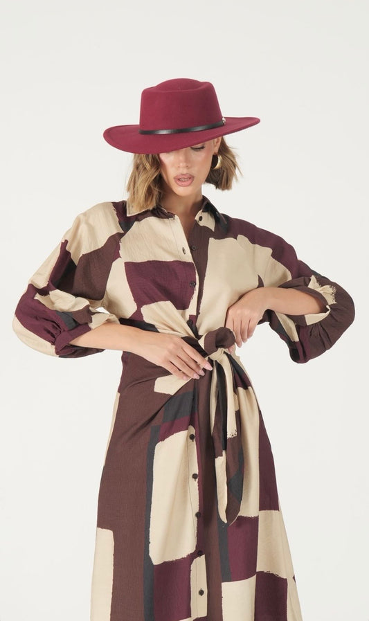 Abito chemisier lungo a fantasia geometrica marrone e beige da donna