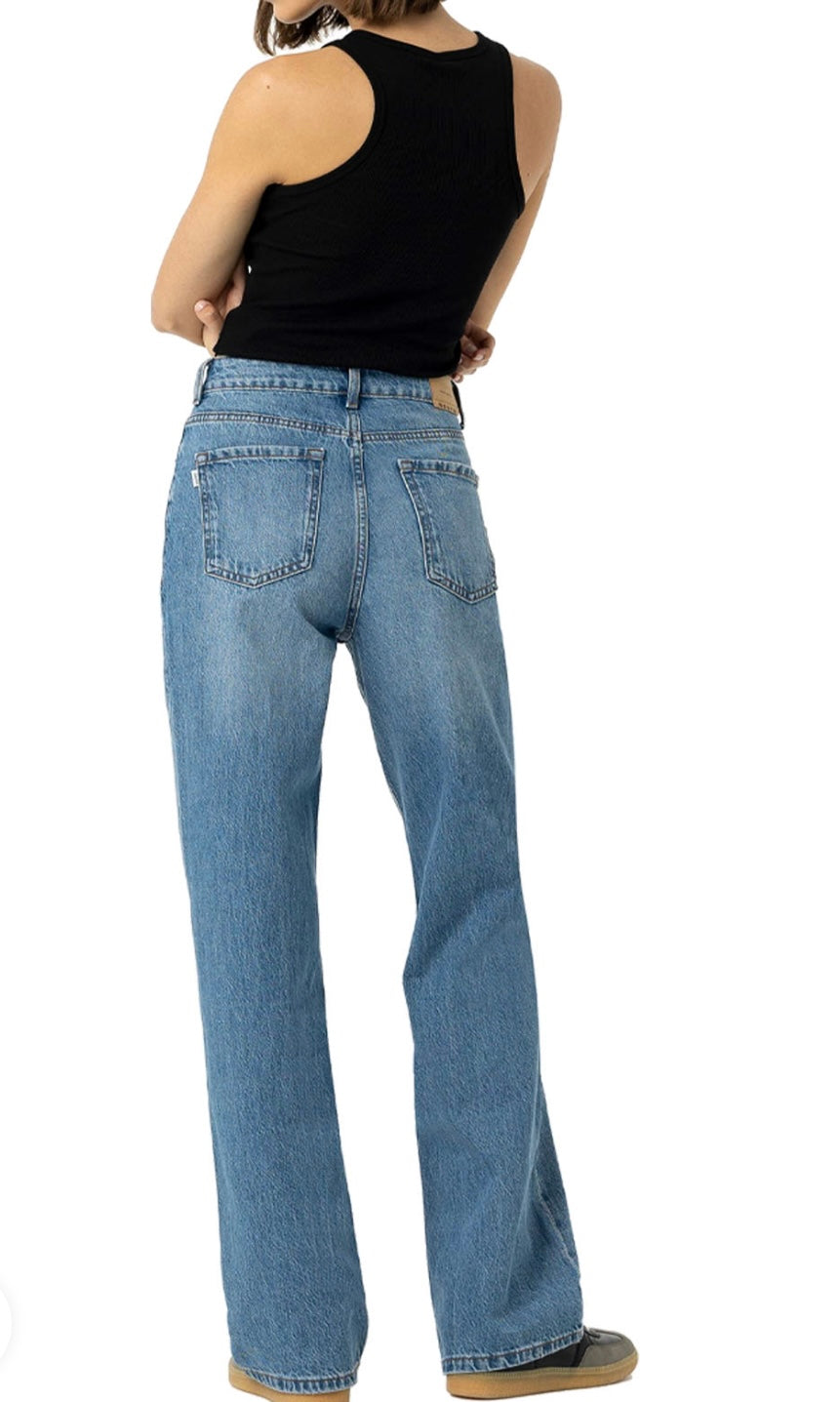 Jeans a gamba larga a vita alta da donna in denim blu