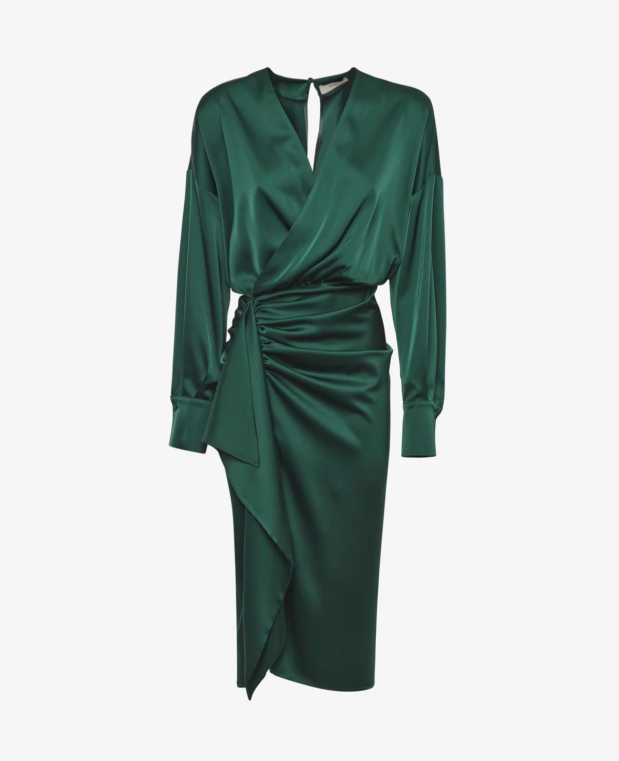 Abito verde smeraldo elegante satinato – Vestito midi con spacco e drappeggio