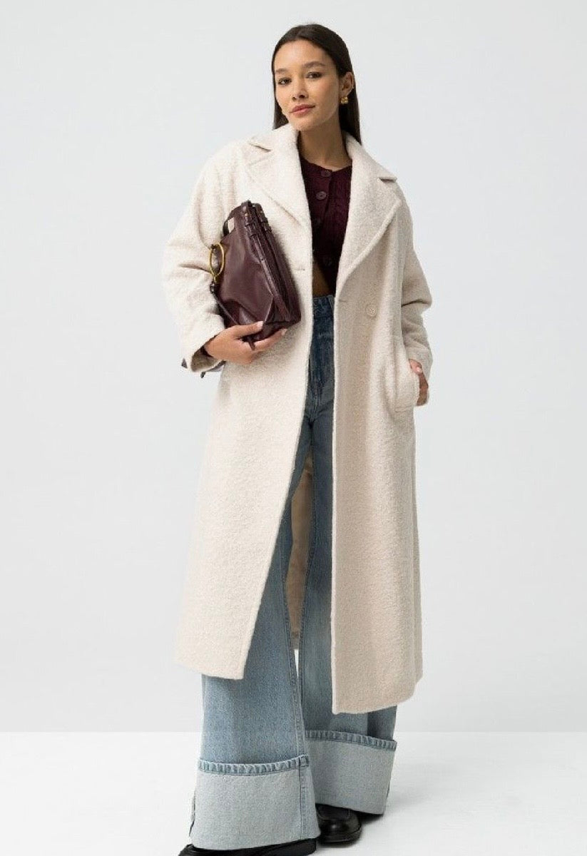 Cappotto lungo panna – Cappotto donna elegante in lana bouclé con revers