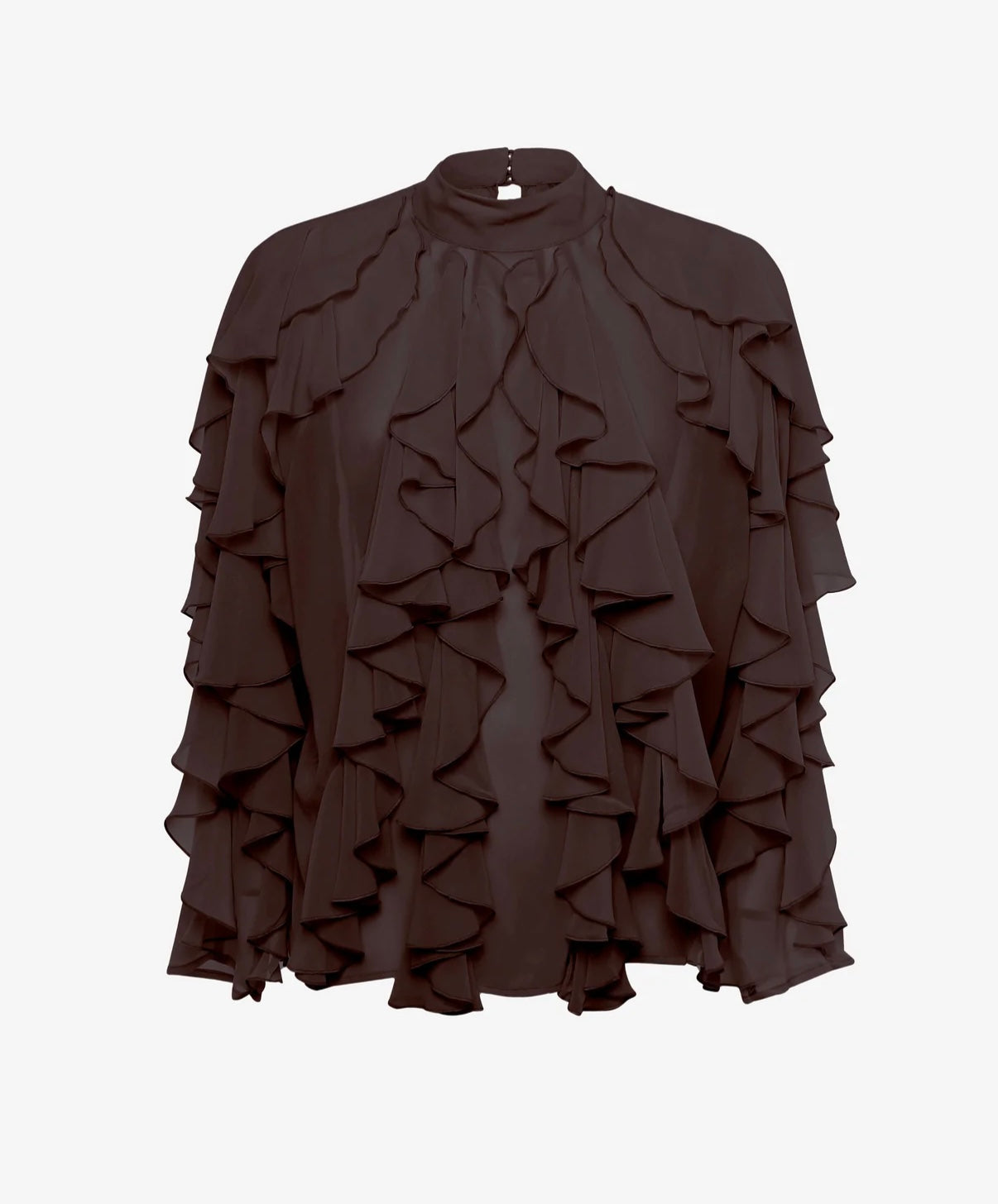 Camicia marrone elegante donna con volant – Blusa chic collo alto