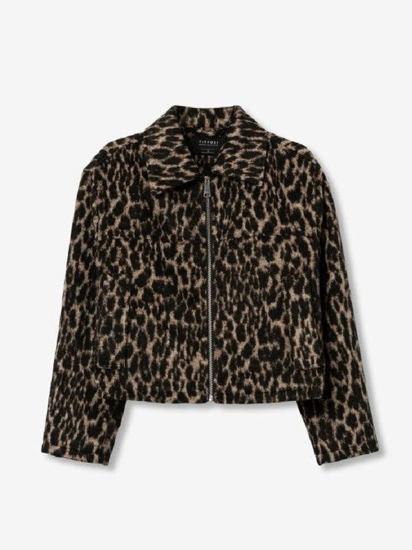 Giacca corta animalier leopardata da donna con zip