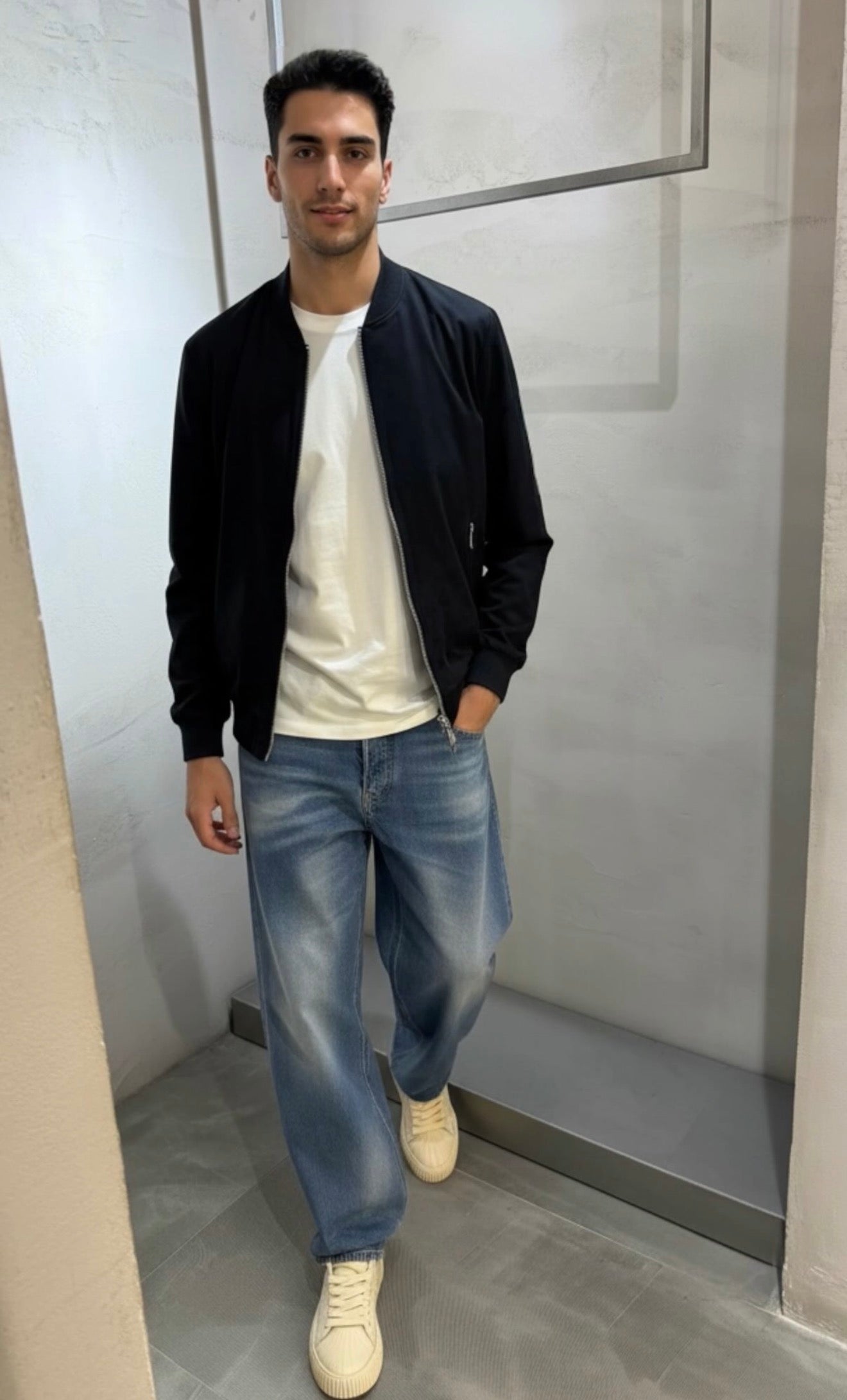 Giubbotto Bomber blu navy in camoscio