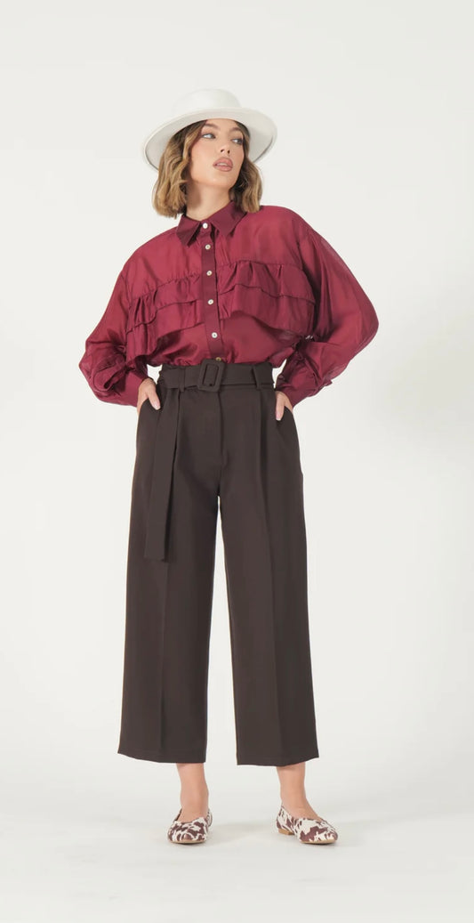 Camicia bordeaux donna elegante – Blusa in seta con rouches