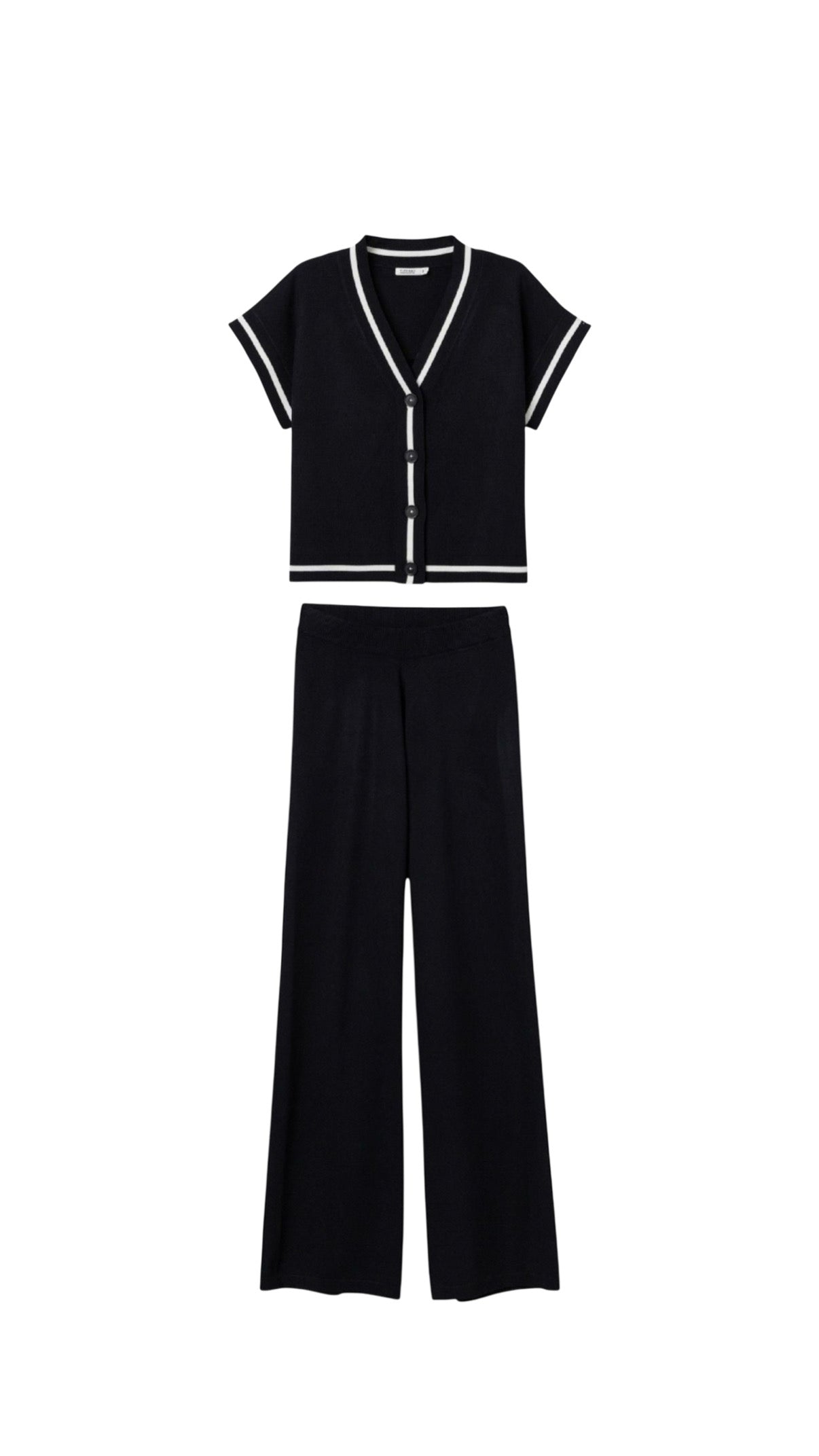 Completo in maglia nero con profili bianchi – Set donna con cardigan e pantaloni eleganti