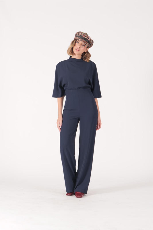 Coordinato donna blu elegante – Maglia a maniche ampie e pantaloni palazzo