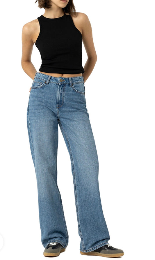 Jeans a gamba larga a vita alta da donna in denim blu