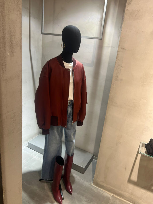 Giubbotto donna in vera pelle bordeaux – stile bomber oversize | Made in Italy