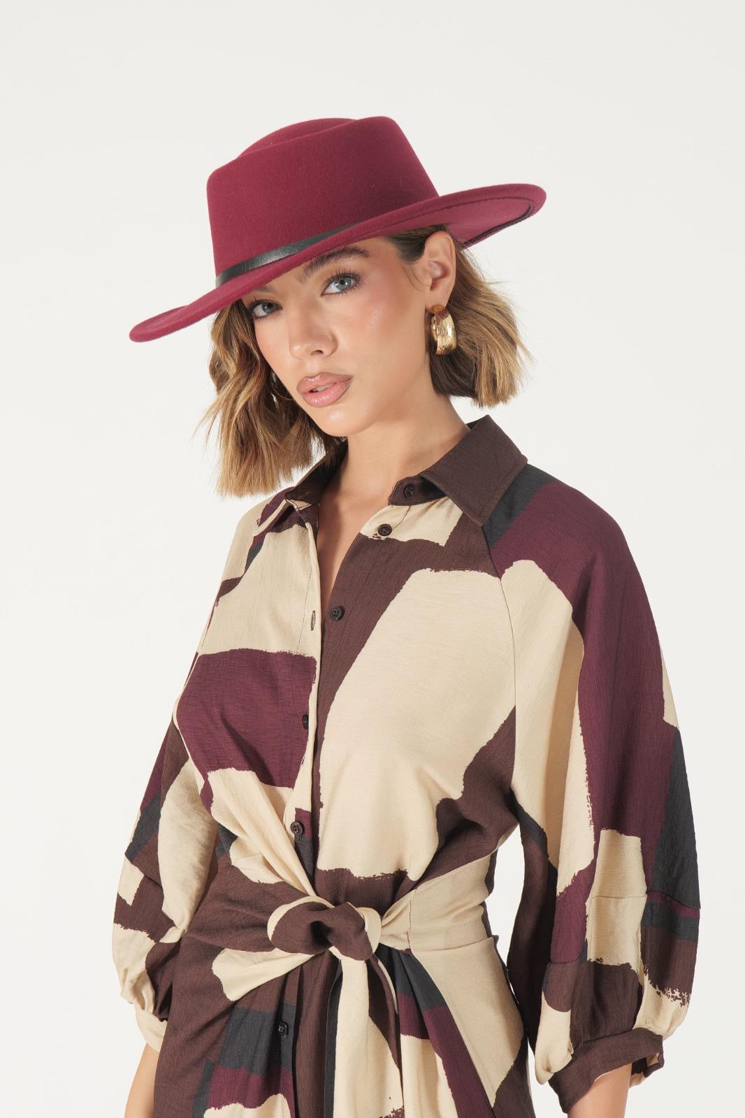 Abito chemisier lungo a fantasia geometrica marrone e beige da donna