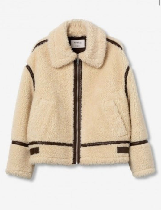Giacca shearling donna beige con dettagli in pelle – Giubbotto teddy inverno