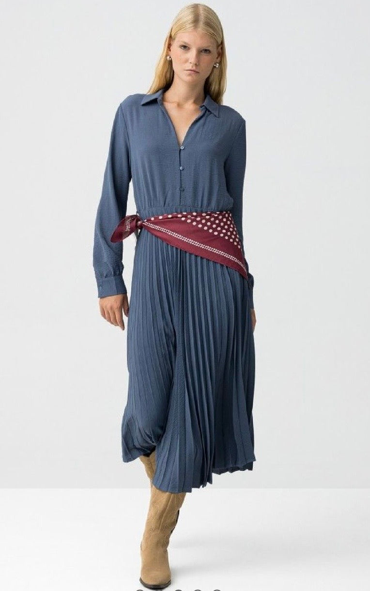 Abito chemisier blu donna – vestito midi plissettato con cintura