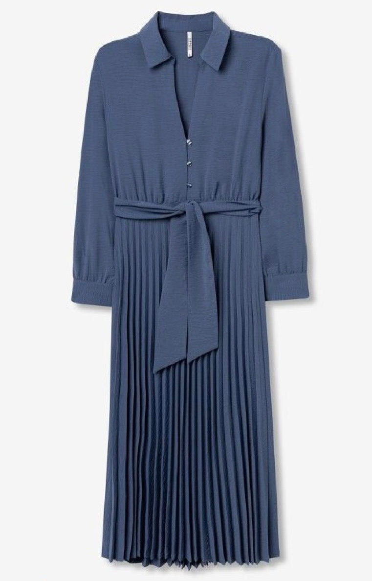 Abito chemisier blu donna – vestito midi plissettato con cintura
