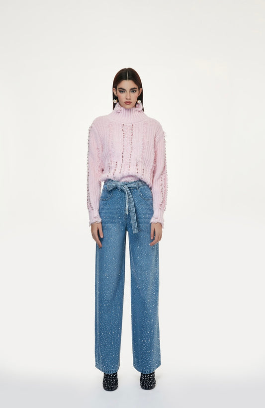 Maglione rosa donna elegante – Pullover collo alto con dettagli brillanti