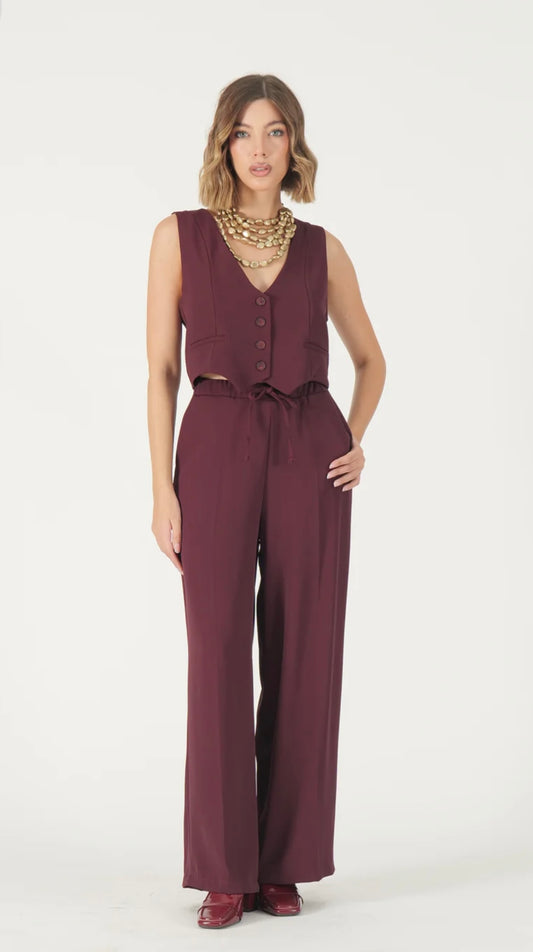 Coordinato donna elegante bordeaux – Pantaloni a palazzo e gilet