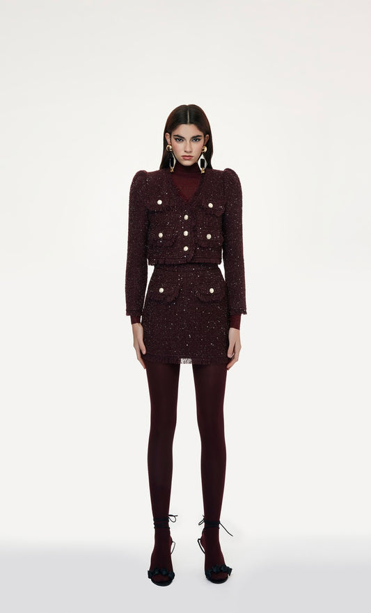 Coordinato donna elegante bordeaux – Giacca corta e minigonna in tweed con bottoni gioiello