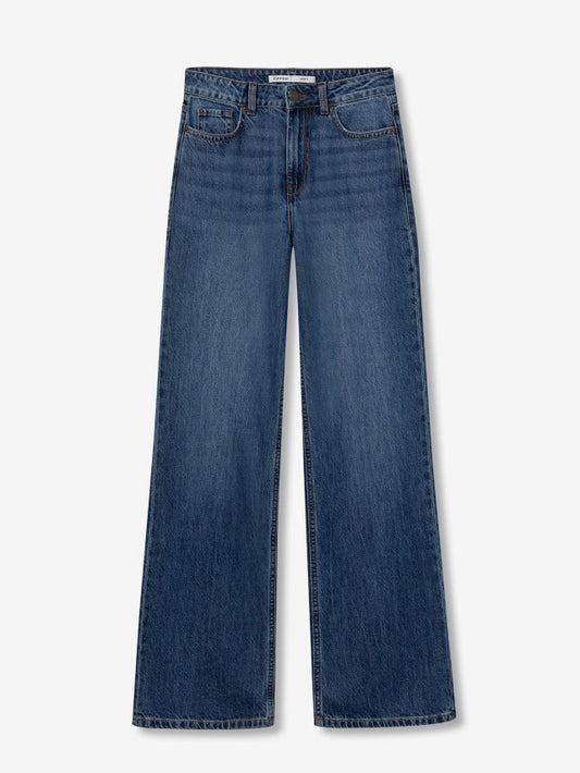 Jeans a gamba larga a vita alta da donna in denim blu