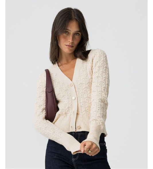 Cardigan panna lavorato a maglia – Maglione donna con bottoni e scollo a V