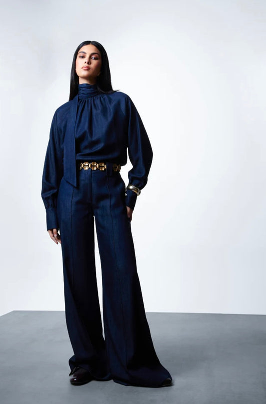 Completo elegante donna blu navy – Blusa con fiocco e pantaloni palazzo