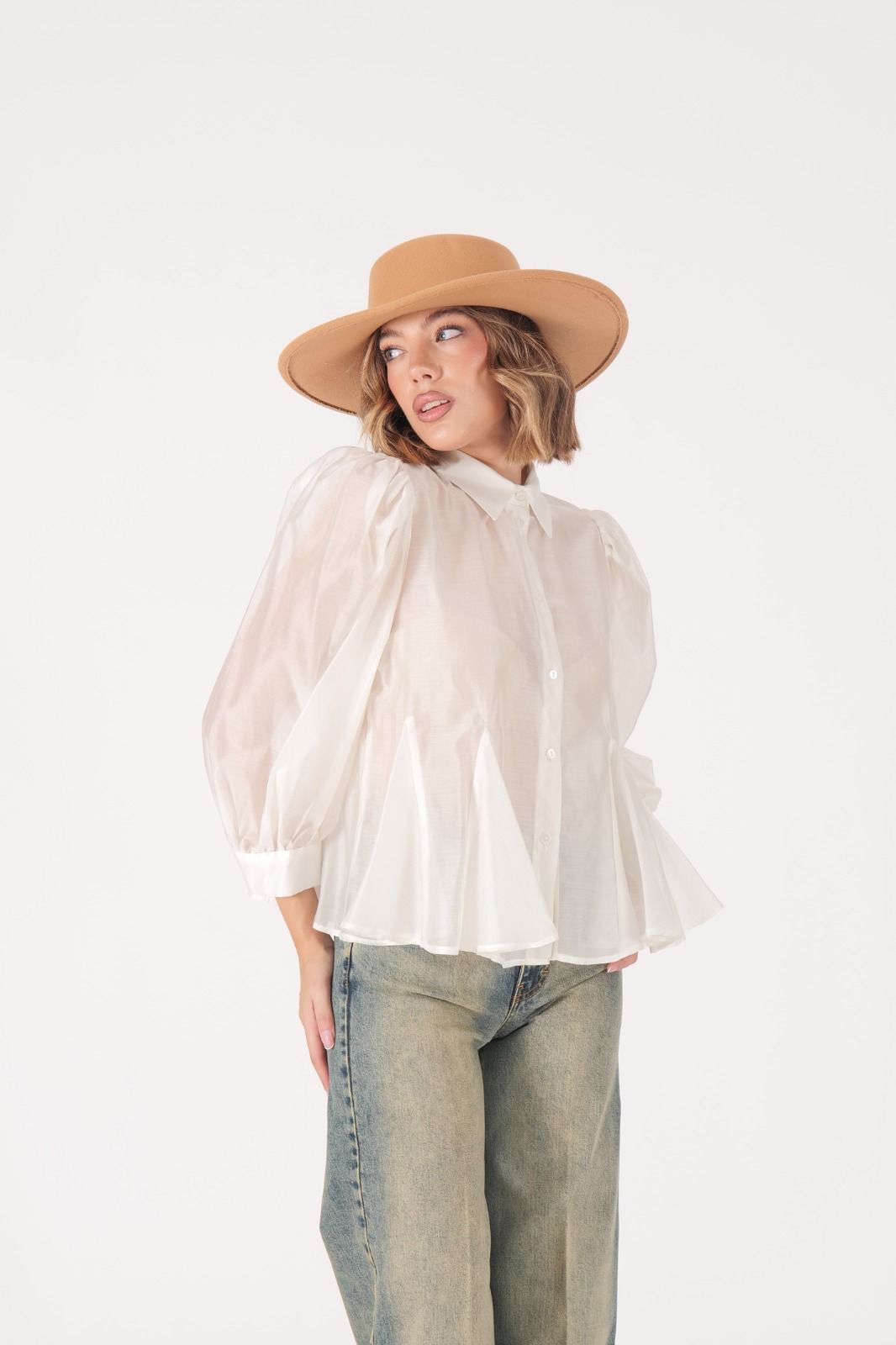 Camicia bianca in organza trasparente – Blusa donna elegante a maniche ampie