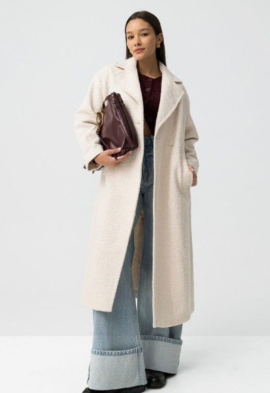 Cappotto lungo panna – Cappotto donna elegante in lana bouclé con revers