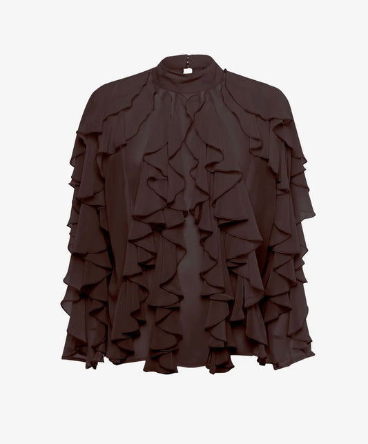 Camicia marrone elegante donna con volant – Blusa chic collo alto