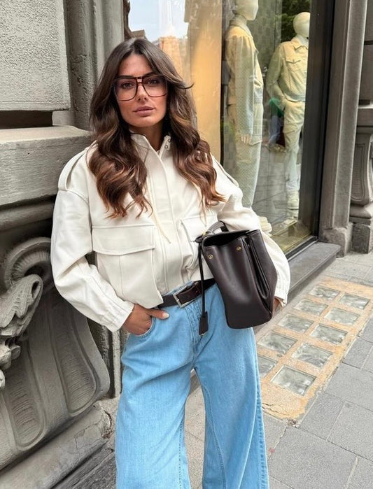 Bomber donna bianco panna – giacca corta casual chic con tasche