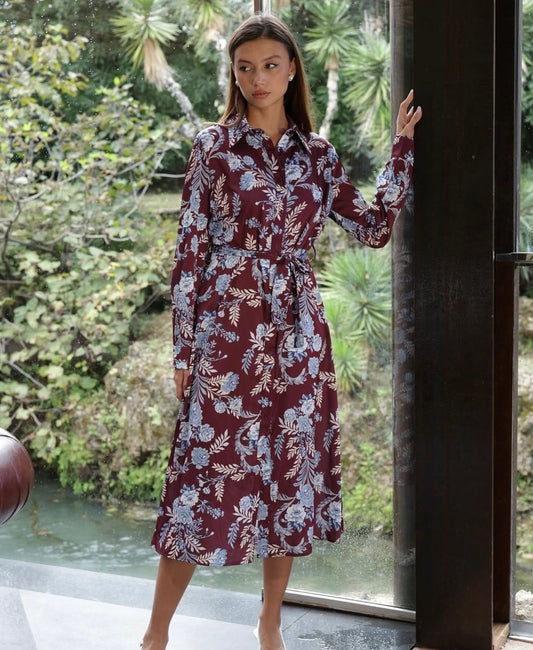 Abito chemisier floreale bordeaux – vestito lungo donna con cintura