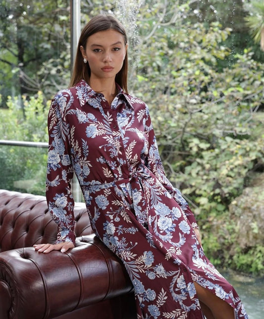 Abito chemisier floreale bordeaux – vestito lungo donna con cintura