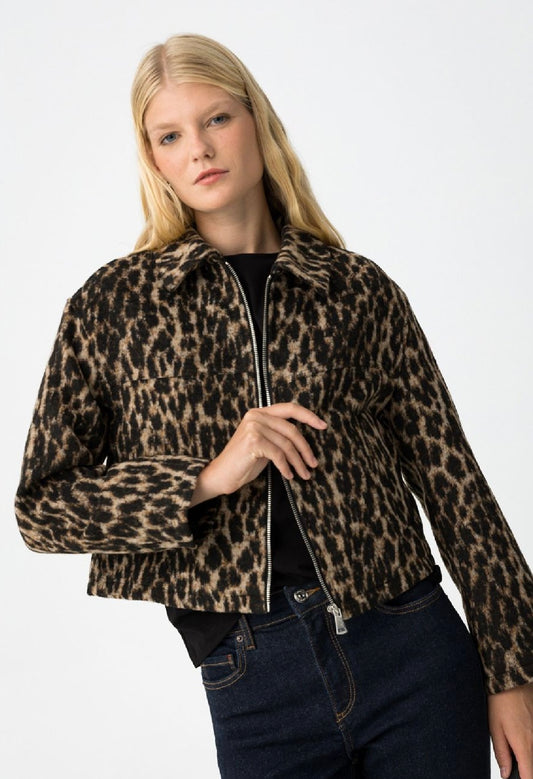 Giacca corta animalier leopardata da donna con zip